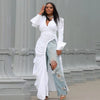 Vintage Women Long Sleeve High Side Split Ruched Up Wrap Lapel Collar White Maxi Long Dress Street Dresses