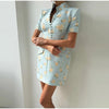 Elegant Women's Printed Buttons Short Dress Waist Cinched Shoulder Pads High Collar Dresses Autumn Lady Holiday Party Robes
