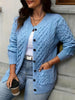 Women's Autumn and Winter Casual and Comfortable Retro Blue Ribbed Long-Sleeved Knitted Cardigan Sweater Jacket