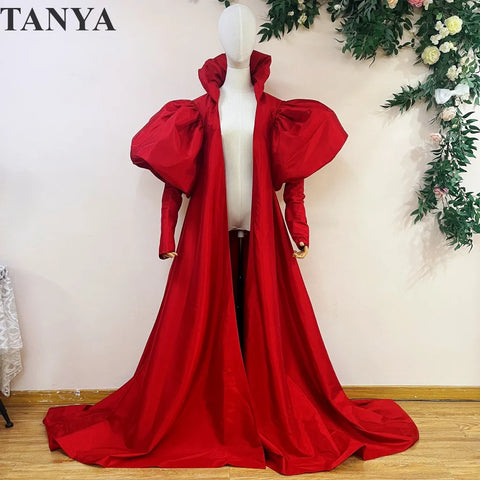 Red Taffeta Long Jacket Lady Puffy Shoulder Full Sleeves Women Evening Cape With Train Bolero Outfit Coat