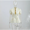 Elegant Printed Waist Cinched Women's Jackets Stand Collar Single Breasted Bubble Sleeve Blouses Summer Lady Commute Tops