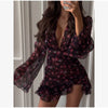 Women Chic Floral Print Deep V Neck Long Sleeved Waist Cinching Dress Layered Ruffle Hem Mini Dresses Elegant Party Daily Robes