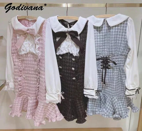 Liz Japanese Mine Mass-Produced Sweet Girl Double-breasted Dress Bow Grid Slim Long Sleeve Tweed Dress for Women