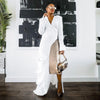 Vintage Women Long Sleeve High Side Split Ruched Up Wrap Lapel Collar White Maxi Long Dress Street Dresses