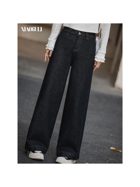 Winter Jeans Women Vintage Thick Fleece‑Lined Denim Wide Leg Pants Casual Versatile Long Trousers Daily Outfit