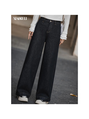 Winter Jeans Women Vintage Thick Fleece‑Lined Denim Wide Leg Pants Casual Versatile Long Trousers Daily Outfit