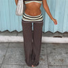 Women Y2K Striped Fold Over Waistband Flare Pants Low Waist Wide Leg Trousers Casual Daily Stretchy Streetwear Bottoms