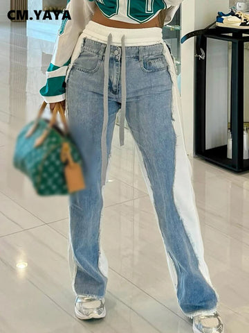 Women Straight Drawstring Waist Wide Leg Pants Jeans Denim Patchwork Sporty Holiday Jogger Sweatpants Trousers