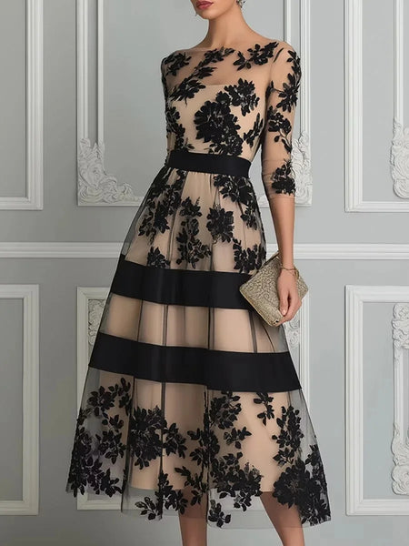 Elegant Women Midi Evening Dress O‑Neck 3/4 Sleeve Black Floral Flocking Tulle Mesh A‑Line Cocktail Party Formal Prom Dresses
