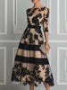 Elegant Women Midi Evening Dress O‑Neck 3/4 Sleeve Black Floral Flocking Tulle Mesh A‑Line Cocktail Party Formal Prom Dresses