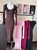 Brown Knitted Dresses For Women Maxi Elegant Trumpet Sleeves Knit Fishtail Dresses Women Long Ruffled Dresses Maxi