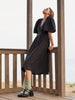 100% Cotton V-neck Waist Cinched Dress Unique Lantern Sleeve Sexy Slit Long Skirt Women's Casual Dresses