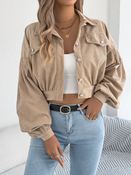 Corduroy Shacket for Women Fall Winter Short Lapel Jacket Long Sleeve with Mock Pockets & Single Button Casual Outerwear