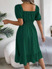 Solid Puff Sleeve Square Neck Ruched Bust Ruffle Hem Wasit Dress, Women's Clothing