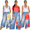 Women Fake Denim 3D floral Print Loose Wide Leg Jogger Pants Streetwear Active Hip Hop Sweatpants Trousers