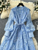 Spring Autumn French Women's Dress Lace Embroidery V-neck Lantern Sleeves Single Breasted Party Birthday Dress C192