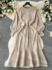 Loose Casual Knit Long Dress Women Solid Elastic Waist Lantern Sleeve O Neck Ladies Winter Sweater Dresses