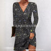 Women's Silver Sequins Evening Dress Long Sleeve Solid V Neck Sparkly Party Mini Dress Elegant Autumn Prom Dresses