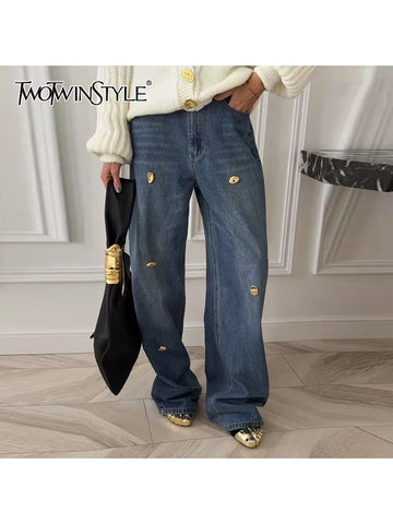 Loose Spliced Metal Decoration Versatile Jeans for Women High Waist Casual Wide Leg Jean Female Clothes