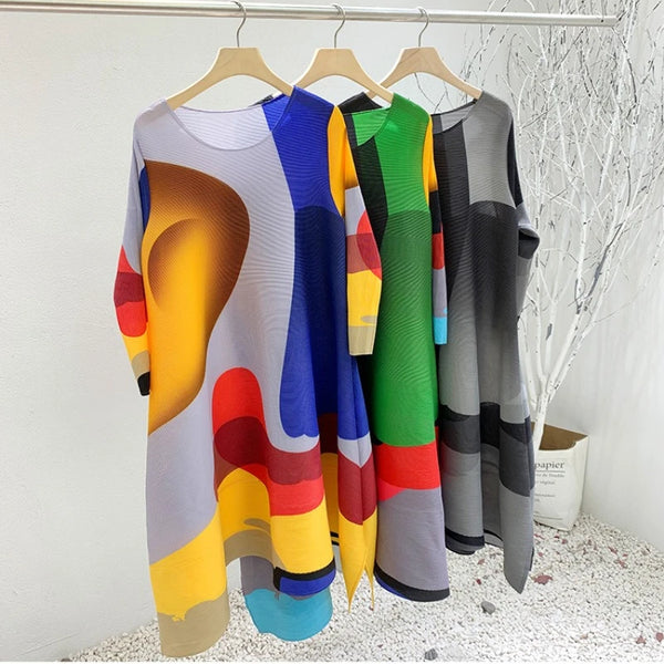 Pleated Printed Skirt Spring Autumn Temperament Plus Size Large Swing High Waist Casual Dresses for Women