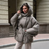 Hooded Batwing Sleeve Tie Waist Puffer Coat Fit Quilted Warm Winter Women Street Outerwear Chic Casual Outfit