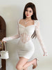 Black Mysterious Sexy Lace Stitching Mature Fishbone Beautiful Sweet Gentle Women'S Winter Long Sleeve Hip Short Dress