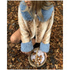 Deer Print Faux Fur Cropped Jackets Women Blue Contrast Lapel Cuff Button Fluffy Warm Short Coat Lady Winter Street Outwear
