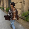 Women Chic Cropped Leopard Faux Fur Coat Contrast Black Fur Collar Cuff Button Short Furry Coats Lady Winter Chic Streetwear