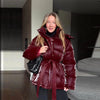 Chic Reflective Fabric Lace Up Hooded Cotton Jacket Women Stand Collar Full Sleeve Zipper Warm Overcoat Winter Lady Outwear