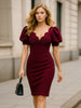 Women Elegant Cutout V-Neck Puff Sleeve Vintage Slim Work Office Cocktail Party Business Sheath Bodycon Pencil Dress