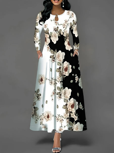 Women's Casual Dress, Plus Size Floral Print Long Sleeve Round Neck Cut Out Maxi Dress With Pockets
