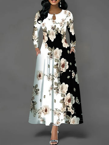 Women's Casual Dress, Plus Size Floral Print Long Sleeve Round Neck Cut Out Maxi Dress With Pockets