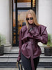 Lady Retro Burgundy Belted Leather Jacket Solid Stand Collar Long-sleeved Cropped Coat Women Daily Street Outerwear