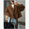 Solid Tie Waist Cinching Suede Jackets Women Chic Stand Up Collar Loose Crop Short Coats Lady Autumn Commute Daily Outfit