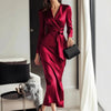 Autumn Casual Sashes Long Dresses Women Long Sleeve Slim V-neck Lace Up Maxi Dress Elegant