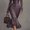 Women's Elegant Slim Fit Evening Mermaid Maxi Dress Solid Long Sleeve Ruched Button Front Ruffle Hem Office Lady Long Dresses