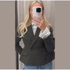Cinched Waist Cropped Double Breasted Lapel Long Sleeve Side Pockets Slim Blazer Women Autumn Formal Commute Coat