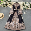 Retro Court Style Printed Dress Women Autumn Winter Flared Sleeve Vintage Long Dresses Ladies Slim Autumn Winter Long Robe