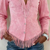 Retro Western Single Breaster Lapel Shirt Coat Woman Solid Suede Tassel Top Cardigan Autumn Long Sleeve Jacket Outerwear