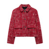 Women Vintage Red Plaid Tweed Coat Slim Turn Down Collar Long Sleeve Jacket Autumn Lady High Street Outwear