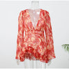 Women Chic Floral Print Deep V Neck Long Sleeved Waist Cinching Dress Layered Ruffle Hem Mini Dresses Elegant Party Daily Robes