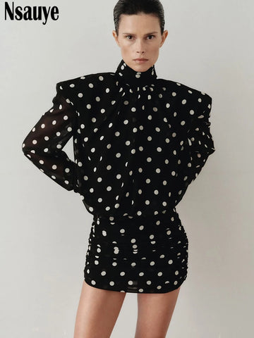 Women Sexy Long Puff Sleeve Elegant Polka Dot Mini Pullover Turtleneck Dress Mini Night Club Party Evening Dress