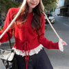 Korean Sweet Lace Patchwork Knitted Cardigan Women Spring Autumn Y2K Harajuku Lace-Up Sweater Coat Short Kawaii O-Neck Knitwear