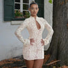 Hollow Out Long Sleeve Cocktail Dress for Women Winter Stand Collar Club Party Dresses Lace Elegant Dresses