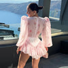 Print Shoulder Pad Waist Cinching Short Dress Women Sexy O-neck Lantern Long Sleeve Cascading Ruffle Slim Dresses Chic Partywear