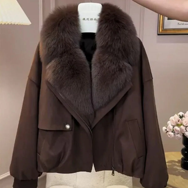 Winter Foreign Style Niche Beige Fur Collar Short Cotton Clothes Women's Loose Versatile and Thin Coat Coat