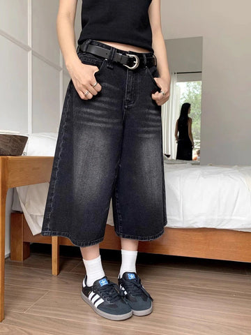 High Waist Black Retro Washed Denim Shorts Women's Harajuku Vintage Casual Loose Y2K Streetwear Mid Long Wide Leg Pants