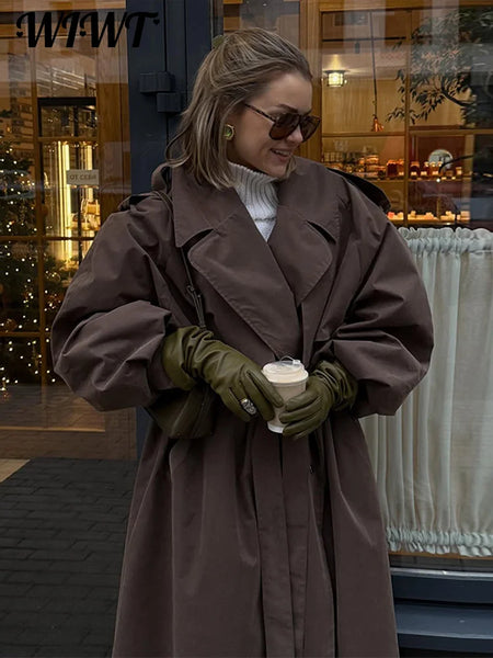 High Street Brown Belted Trench Coats Women's Loose Lapel Lace-up Button Full Sleeve Windbreakers Autumn Ladies Outwear
