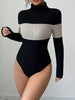Women's High-Neck Patchwork Long Sleeve Fitted Bodycon Colorblock Fall/Winter Base Layer Skirt Dress