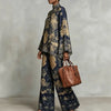 Women Flare Sleeve Printed 2 Piece Sets Stand Collar Loose Blouse High Waist Wide Leg Pants Suit Boho Solid Resort Casual Outfit